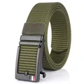 Army green nylon belt with 3.5cm matte black automatic buckle and flag detail - Black Buckle - Army Green