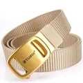 Men's khaki nylon outdoor belt with matte gold automatic buckle and webbed texture - Antique Copper Buckle - Khaki