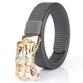Gray nylon belt with golden automatic buckle featuring vintage patterns and rhinestones - 110cm / Gold Buckle-Dark Gray