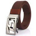 Men's dark brown nylon woven belt with a grey rectangular automatic metal buckle - Silver Buckle - Coffee