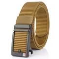 Men's khaki nylon tactical belt with black automatic buckle and striped detail - Black Buckle - Wolf Brown