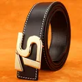Men's black leather belt with gold LS buckle and white contrast stitching detail - Gold Buckle - Black / 105