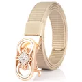 Women's nylon tank weave belt with rose gold floral rhinestone automatic buckle - Rose Gold Buckle - Khaki