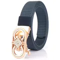 Dark blue nylon belt for women with rose gold floral buckle and rhinestone details - Rose Gold Buckle - Royal Blue
