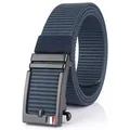 Men's navy blue nylon woven belt with black matte automatic buckle and tri-color detail - Black Buckle - Royal Blue