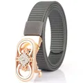 Women's nylon belt with rose gold rhinestone automatic buckle in dark grey color - Rose Gold Buckle - Dark Gray
