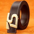 Men's dark brown leather belt with white stitching and gold geometric buckle - Gold Buckle - Brown / 105