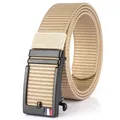 Men's khaki nylon woven belt with matte black automatic buckle and striped detail - Black Buckle - Khaki