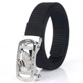 Black nylon belt with silver automatic buckle featuring rhinestone swan decoration - Silver Buckle - Black