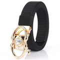 Men's black nylon woven belt featuring a gold spider-shaped automatic buckle with rhinestones - Gold Buckle - Black