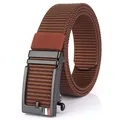 Dark brown nylon braided belt with black matte automatic buckle and tri-color stripes - Black Buckle - Coffee