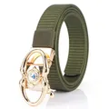 Army green nylon woven belt for women with a gold-tone rhinestone automatic buckle - Gold Buckle - Army Green