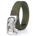 Army green nylon canvas belt with silver automatic buckle and sparkling swan motif - Silver Buckle-Army Green