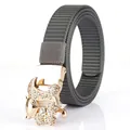 Women's grey nylon belt featuring a luxury fox buckle adorned with sparkling rhinestones - Gold Buckle Dark Gray
