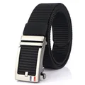 3.5cm men's black nylon woven belt with silver matte automatic buckle and stripe detail - Silver Buckle - Black