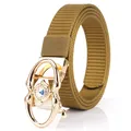 Khaki nylon woven belt for women with a decorative gold hollow buckle and gemstone - Gold Buckle - Wolf Brown