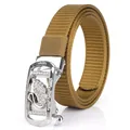 Khaki nylon canvas belt featuring a silver automatic buckle with a swan crystal pattern - Silver Buckle-Wolf Brown