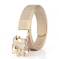 Beige nylon woven belt for women with floral golden rhinestone automatic buckle - Gold Buckle Khaki
