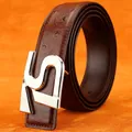 Dark brown ostrich texture leather belt with a silver metallic letter buckle - Silver Buckle Brown / 105cm