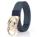 Navy blue nylon woven belt for women with elegant golden rhinestone buckle detail - Gold Buckle - Royal Blue