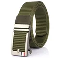 Army green nylon tactical belt with metal automatic buckle and woven inlay detail - Silver Buckle - Army Green