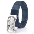 Navy blue nylon web belt with silver swan buckle featuring crystal rhinestones - Silver Buckle-Royal Blue