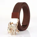 Deep brown nylon belt with a gold fox-shaped buckle featuring floral rhinestone inlay - Gold Buckle Coffee