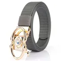 Dark grey stretch woven nylon belt with ornate gold oval buckle and rhinestone detail - Gold Buckle - Dark Gray
