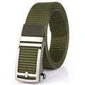 Army green nylon belt for men with silver-grey metal automatic buckle and woven texture - Silver Buckle - Army Green