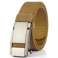 Tactical khaki nylon belt with matte silver automatic metal buckle for outdoors - Silver Buckle - Wolf Brown