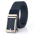 Dark blue nylon web belt with silver matte automatic buckle and striped detail - Silver Buckle - Royal Blue