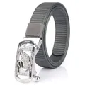 Gray nylon woven belt for women featuring a silver automatic buckle with a swan rhinestone motif - Silver Buckle-Dark Gray