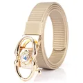 Khaki nylon woven belt with a gold automatic buckle featuring iridescent gemstone - Gold Buckle - Khaki