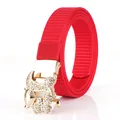 Red elastic nylon belt for women with golden rhinestone-encrusted fox buckle - Gold Buckle Red