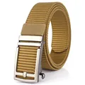 Men's khaki tactical nylon belt featuring a matte silver metal automatic buckle - Silver Buckle - Wolf Brown
