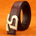 Men's dark brown ostrich pattern leather belt with gold geometric smooth buckle - Gold Buckle Brown / 105cm