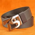 Men's nylon canvas belt with automatic buckle and brushed metal TS letter design - Silver Buckle - Dark Gray