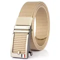Khaki woven nylon belt with matte metal automatic buckle and three-color stripe detail - Silver Buckle - Khaki