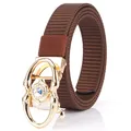 Brown woven nylon belt featuring a gold buckle with a colorful center crystal - Gold Buckle - Coffee