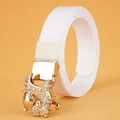 White canvas belt for women with a gold fox-shaped buckle featuring sparkling rhinestones - White With Gold Buckle