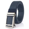 Men's automatic buckle nylon belt in navy blue color with silver matte finish buckle - Silver Buckle - Royal Blue