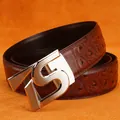 Brown ostrich texture leather belt for men with a silver S-shaped buckle for business - 105 / Dark Brown with Silver Buckle