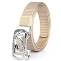 Khaki woven canvas belt for women with a sparkling diamond swan automatic buckle - Silver Buckle-Khaki