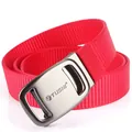 Red thickened nylon belt with silver metal buckle featuring lion and TUSHI logo - Gunmetal Buckle Red