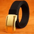 Men's black nylon tactical belt featuring a brushed gold automatic lion buckle - Gold Buckle - Black