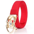 Bright red woven canvas belt featuring a gold automatic buckle with sparkling crystals - Gold Buckle - Red