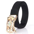 Black nylon canvas belt featuring a luxury gold automatic buckle with colorful crystal - 110cm / Gold Buckle - Black