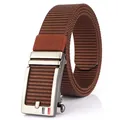 Men's brown nylon belt with a brushed metal automatic buckle and colored stripes - Silver Buckle - Coffee