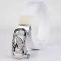 White nylon canvas belt for women with silver swan buckle and sparkling rhinestones - Silver Buckle - White