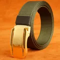 Army green nylon canvas belt featuring a brushed gold metal automatic buckle with logo - Gold Buckle - Army Green